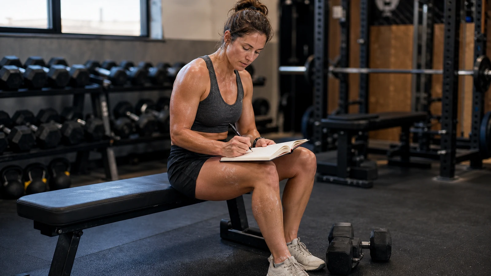 Strength trainee recording sets and repetitions in a workout notebook after a gym session