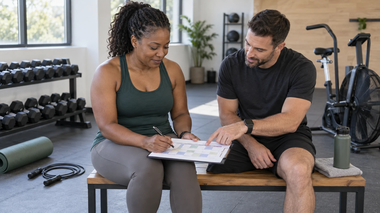 Generic trainee and coach reviewing a weekly plan beside dumbbells, a jump rope, a yoga mat, and an air bike