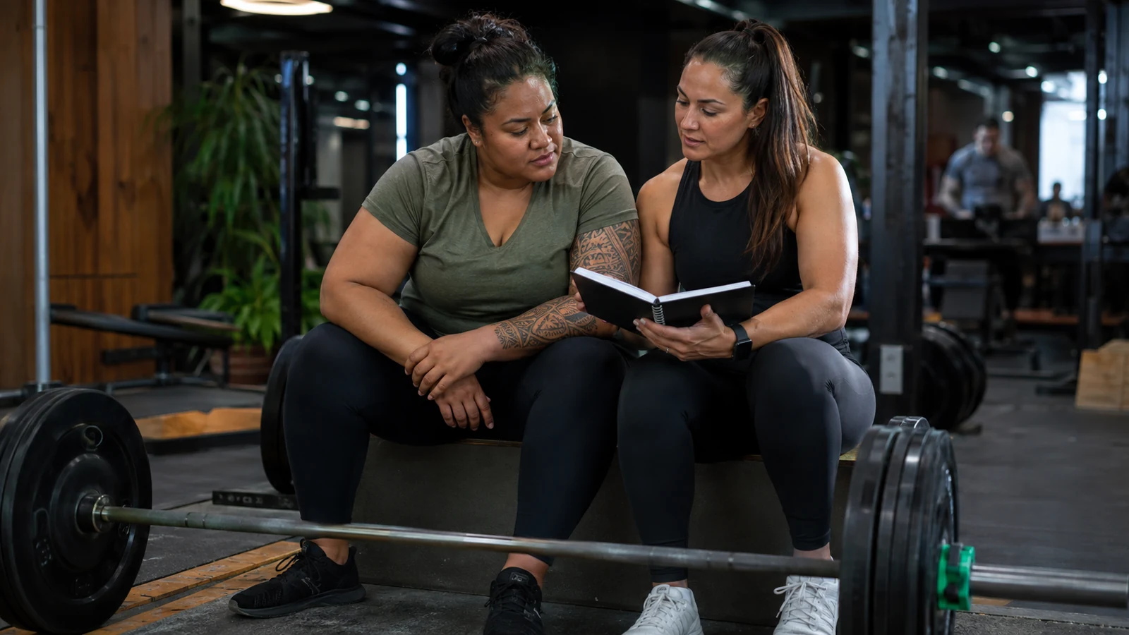 A powerful female lifter reviews a training notebook with her coach between deadlift sets.