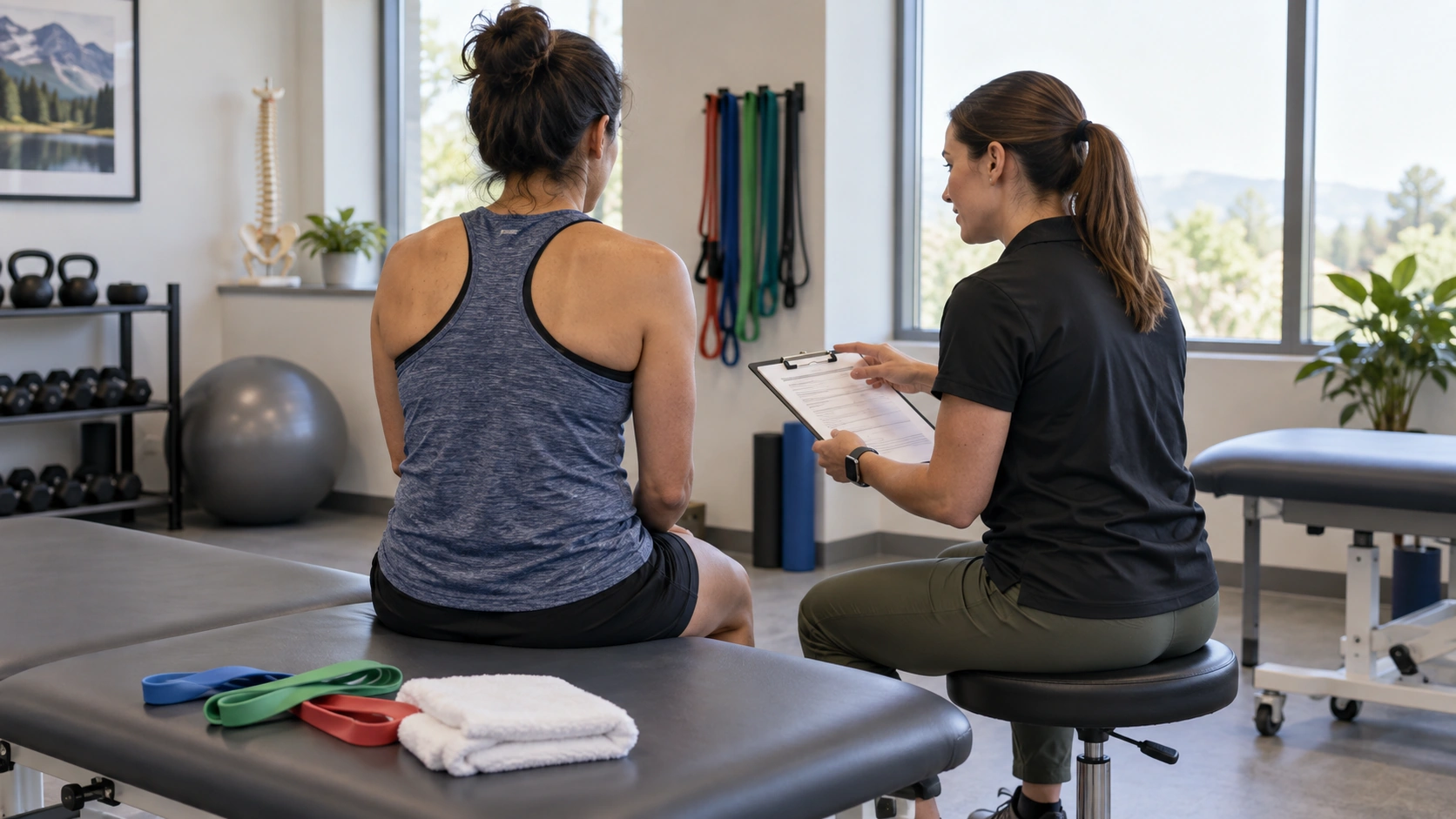 An athlete discusses a gradual return-to-running plan with a physical therapist in a rehabilitation clinic