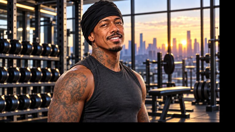 Editorial illustration of Nick Cannon in a gym at sunrise