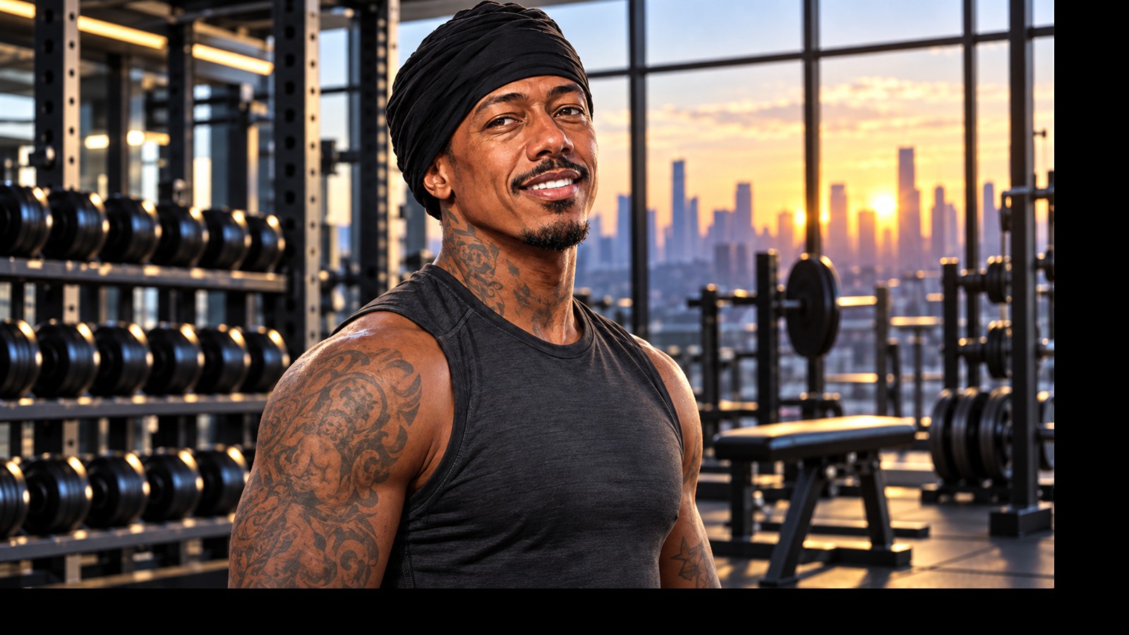 Editorial illustration of Nick Cannon in a gym at sunrise