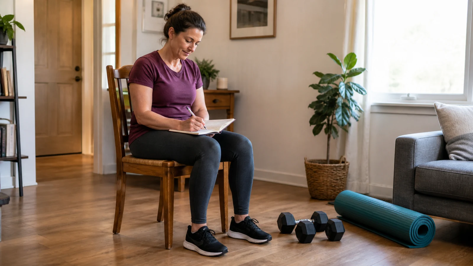 Adult recording a home dumbbell workout in a notebook while resting beside a pair of weights.