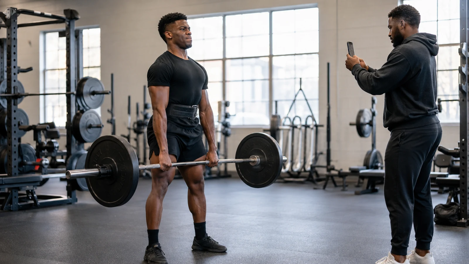 Young powerlifter practicing a moderate deadlift while a coach records the rep for technique review