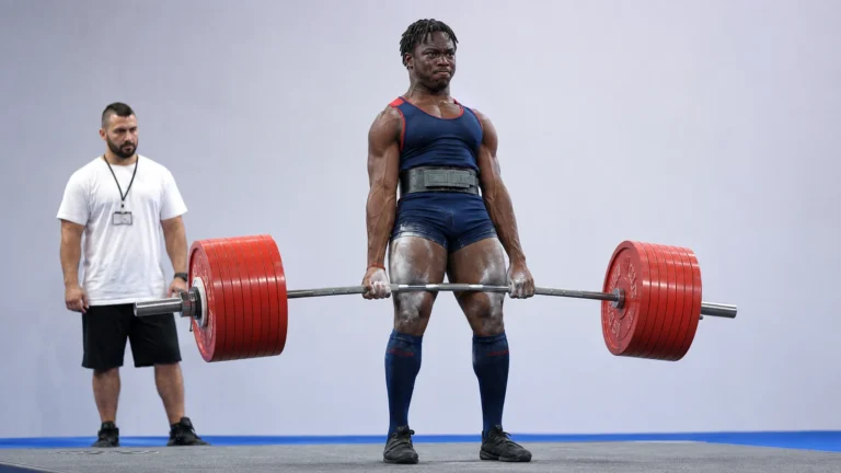 Illustrative recreation of 17-year-old Nonso Chinye locking out a 330-kilogram sub-junior world-record deadlift