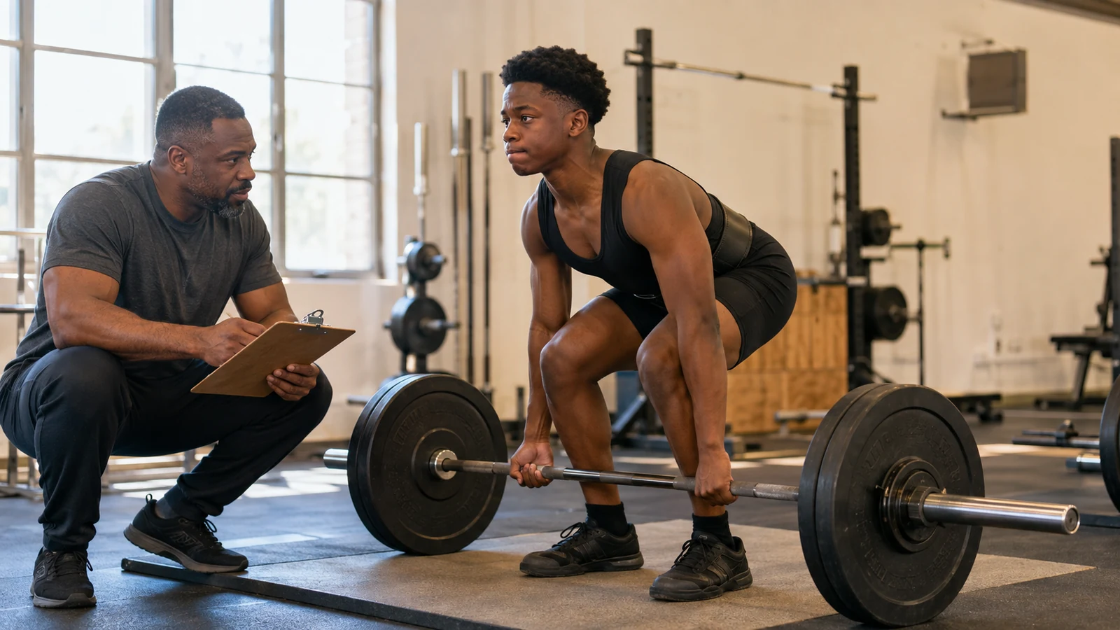 Teenage lifter practicing a moderate deadlift while a qualified coach monitors technique and progression
