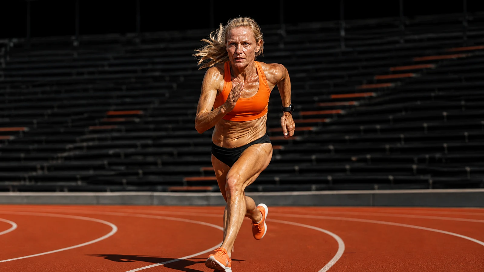 Woman in an orange sports top running on a stadium track.