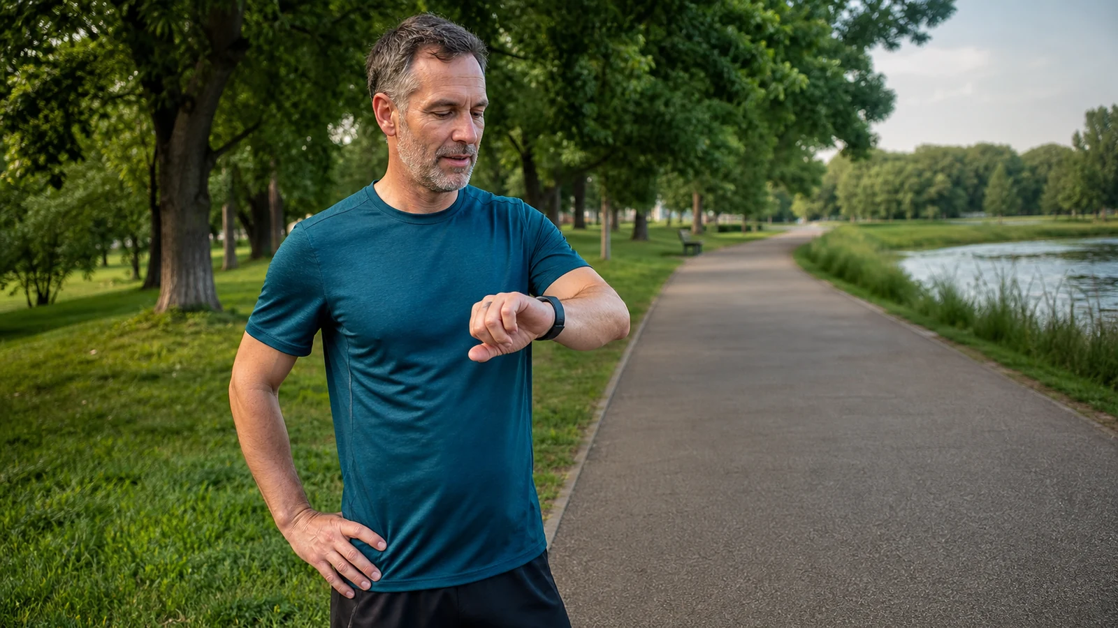 Runner standing beside a park path and checking a wrist monitor.