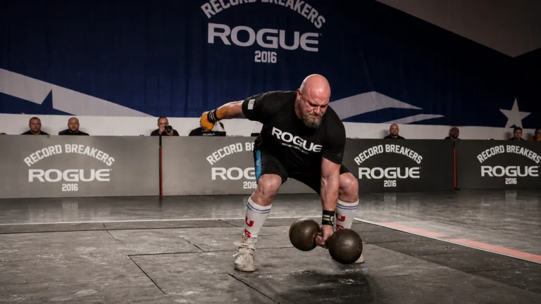 Illustration of Odd Haugen gripping a globe dumbbell on a Rogue competition stage, derived from the scheduled Facebook creative.
