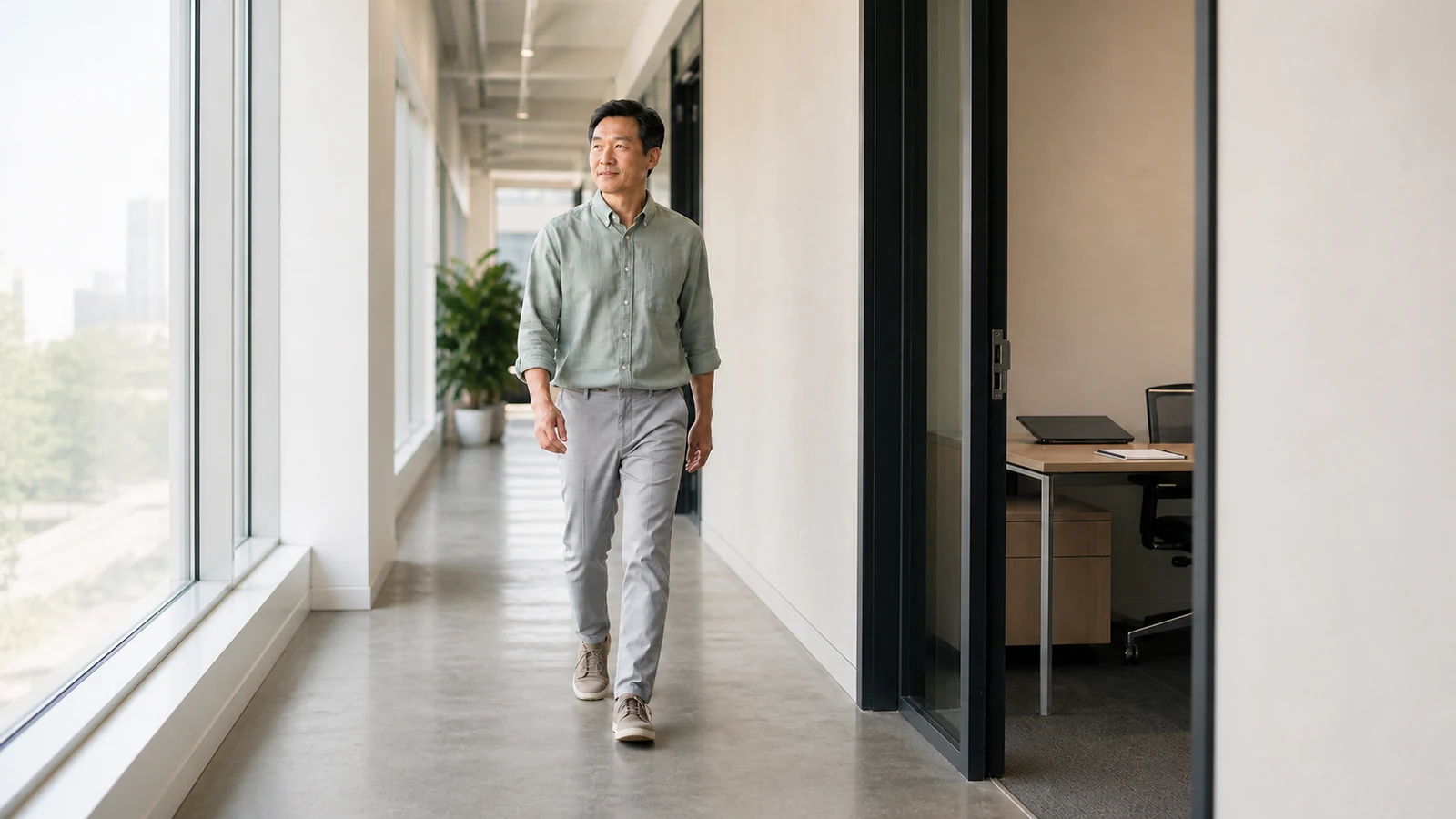 Man walking through a bright office corridor away from his desk.