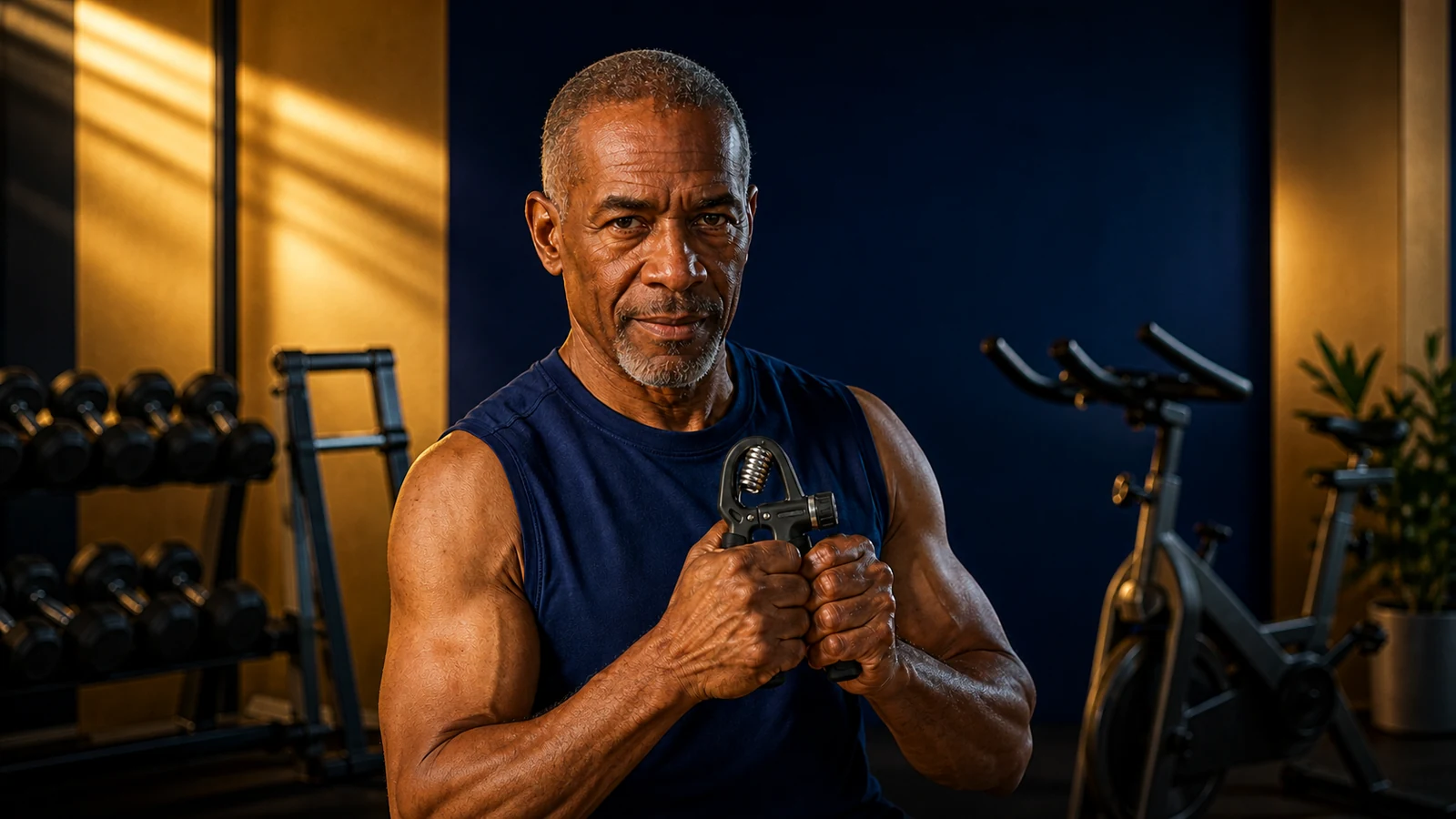 Older man in a navy shirt holding a hand gripper in a warmly lit gym.