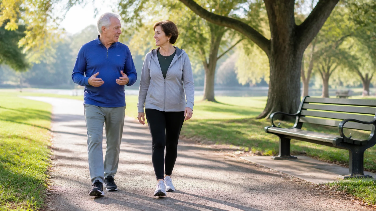 Illustrative older adults walking together at a comfortable pace on a level park path.