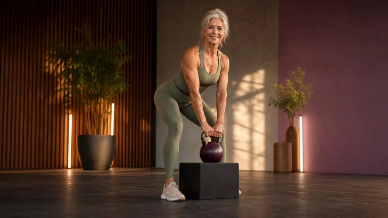 Illustrative older woman holding a kettlebell on raised blocks; not a verified photograph of Dr. Heather Hinshelwood.