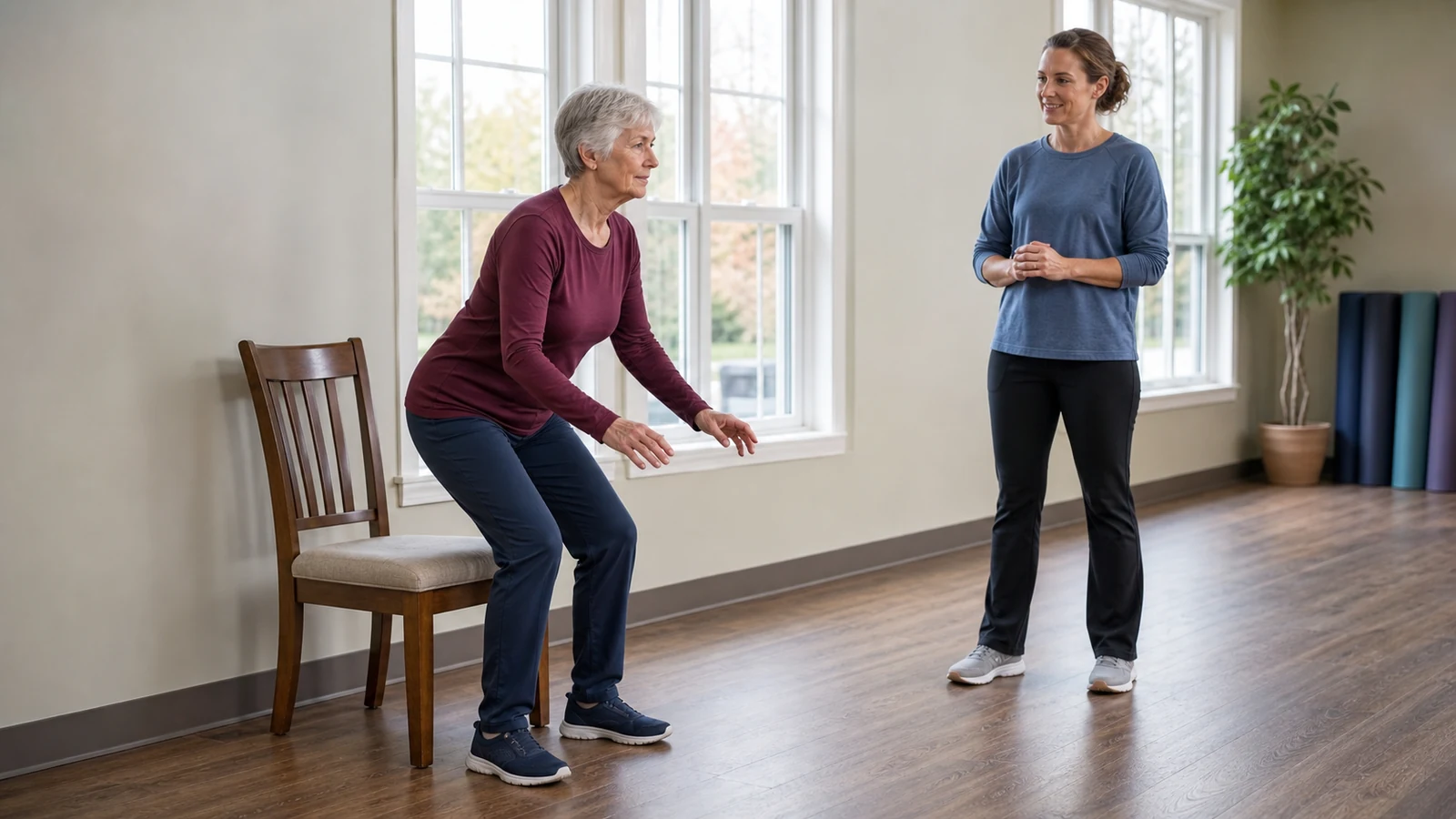 An older woman practicing a controlled sit-to-stand beside a sturdy chair with a trainer nearby.