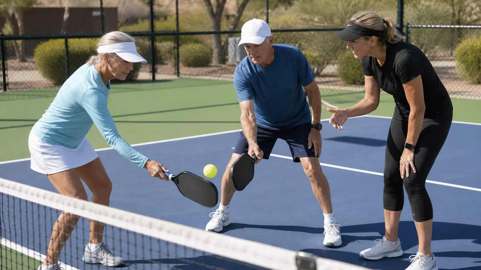 Coach guides two older adults through a controlled pickleball drill near the net