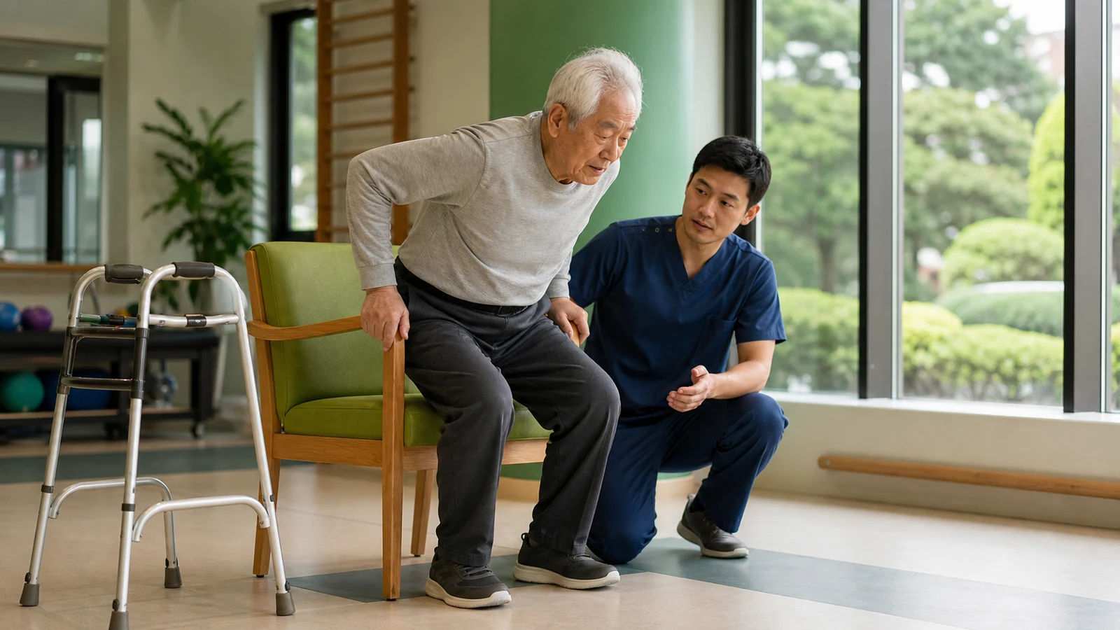 Therapist supervises an older man using chair armrests to stand