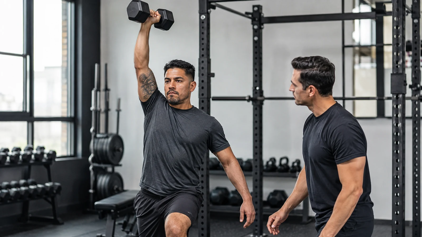 An athlete practices a controlled one-arm dumbbell overhead press with a coach nearby