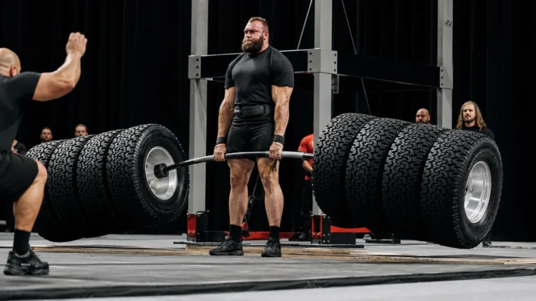Oleksii Novikov locking out an elevated Hummer tire deadlift on a strongman stage