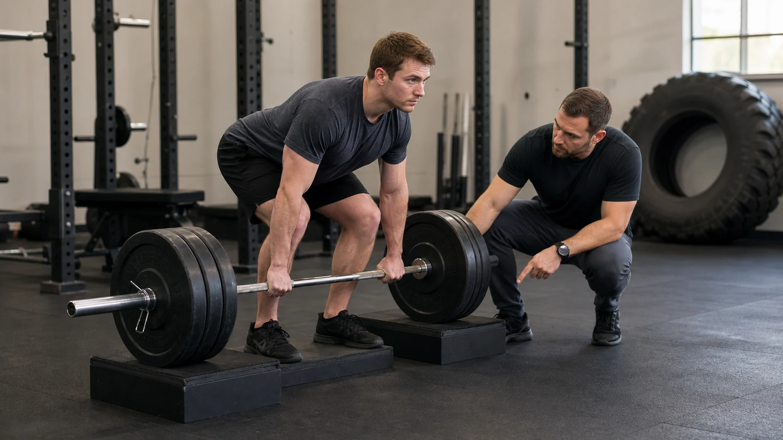 Strength athlete practicing an elevated block pull with a coach
