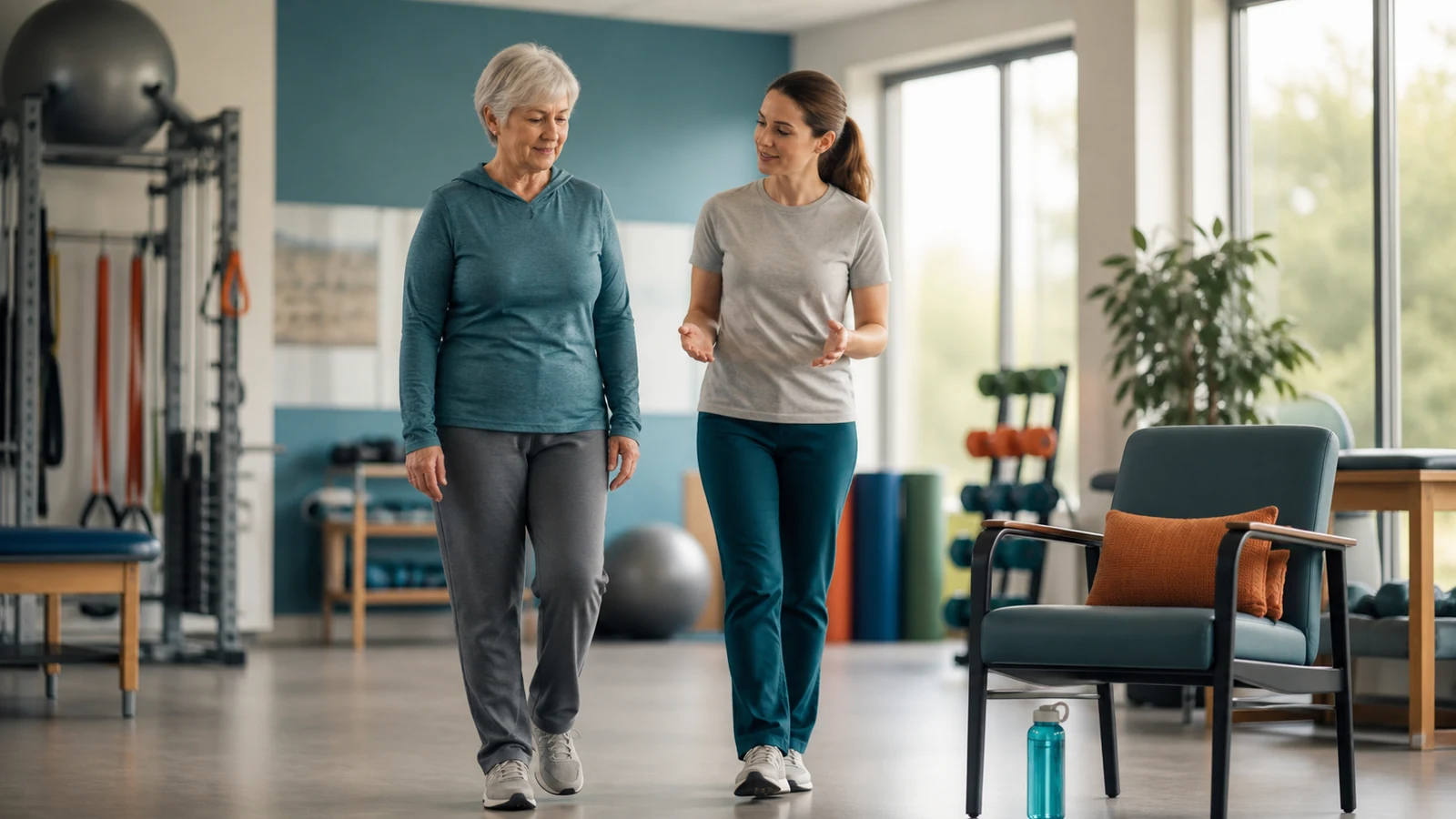 Physical therapist accompanies an older woman on a short indoor walk with a rest chair nearby