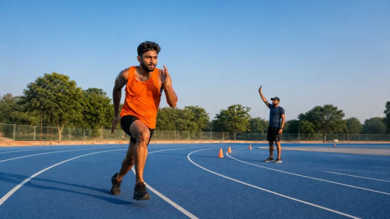 Sprinter in an orange singlet on a blue track with a coach in the background
