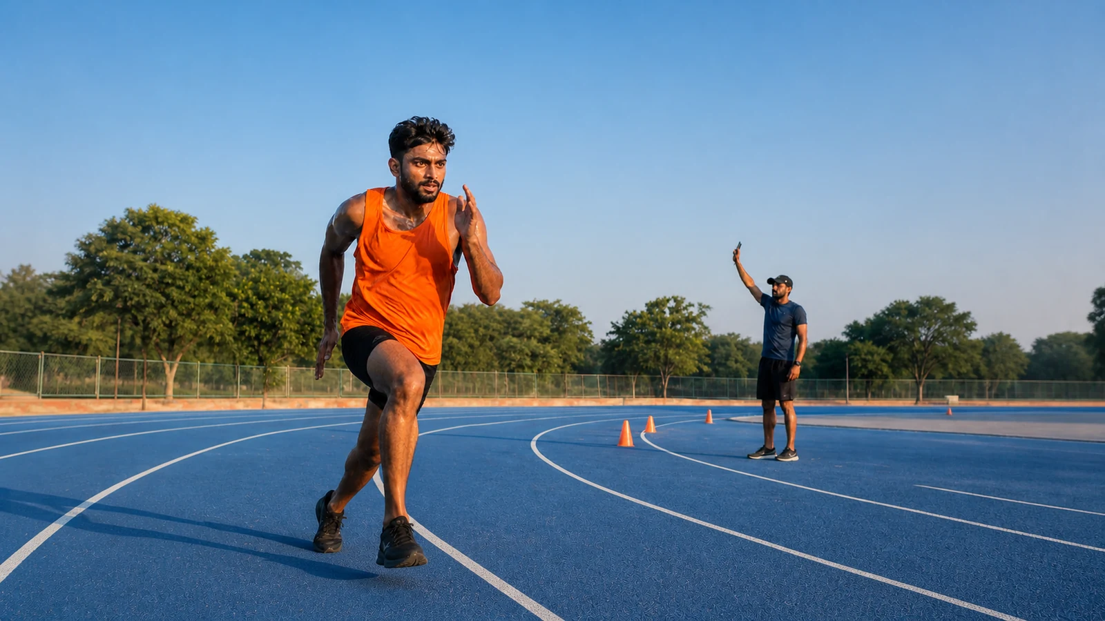 Sprinter in an orange singlet on a blue track with a coach in the background