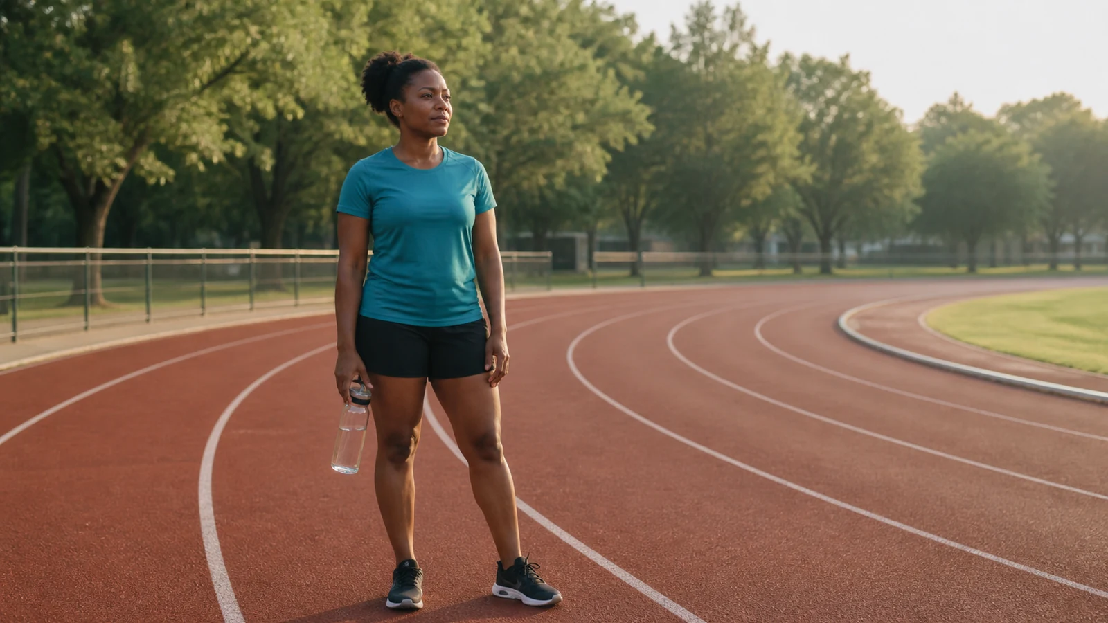 Runner resting beside an outdoor track between efforts