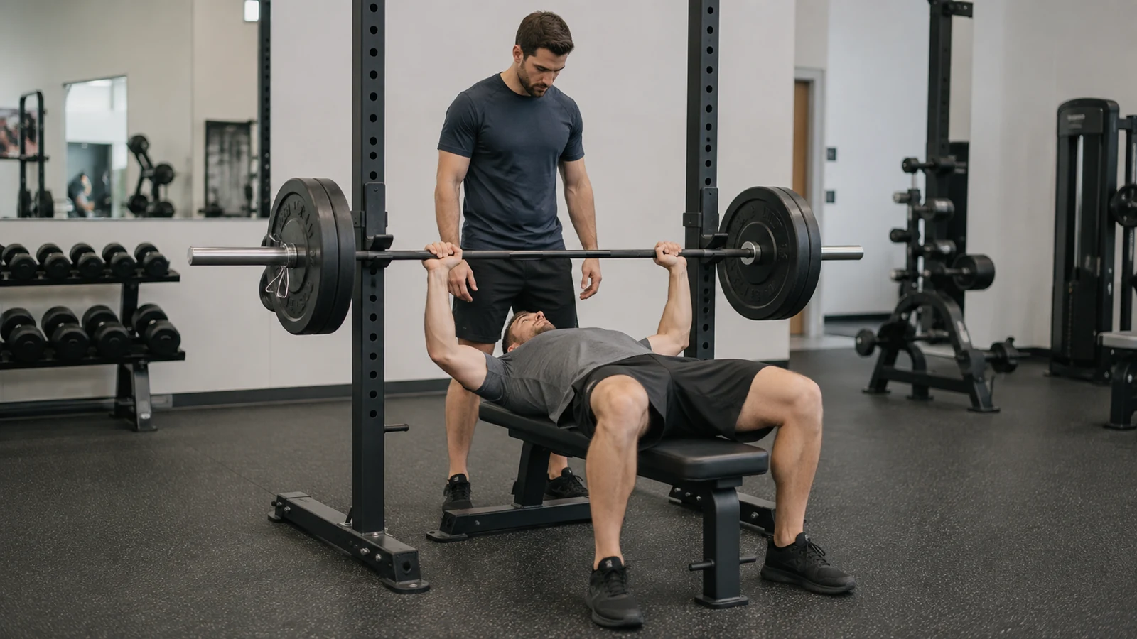 Recreational lifter performing a bench press while an attentive spotter stands behind the bench.