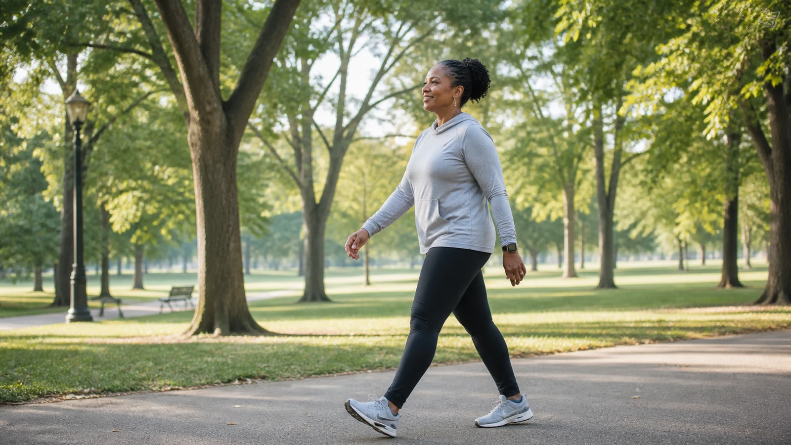 Woman walks along a level park path with a natural arm swing.
