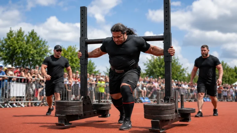 Editorial illustration of Patrik Baboumian carrying a heavily loaded yoke at a strongman event; not a photograph of the 2013 record attempt.