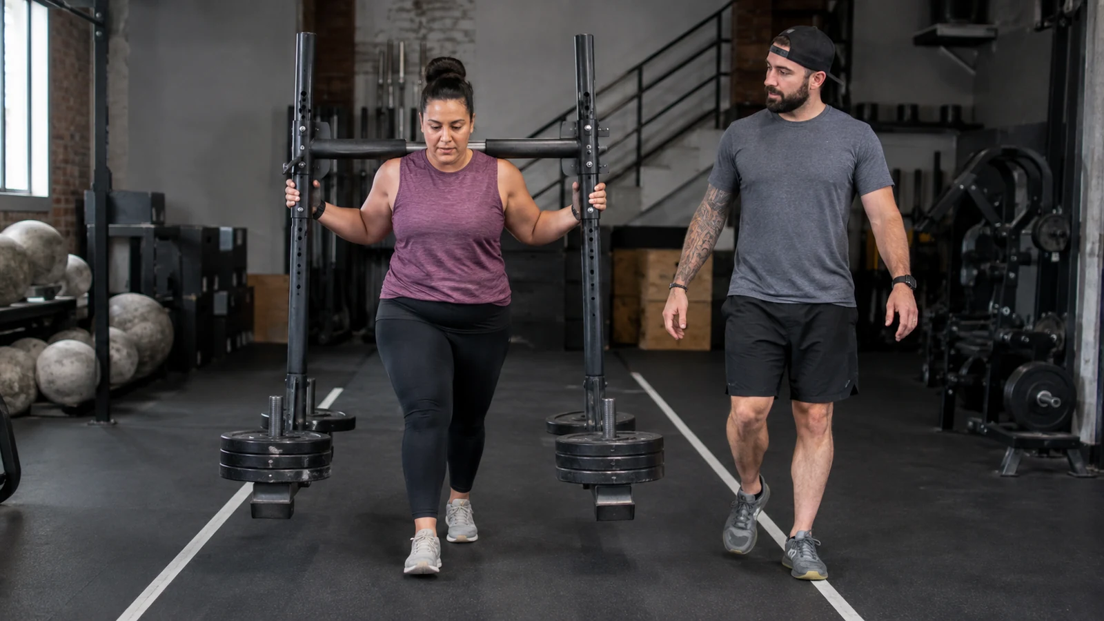 A recreational woman performs a moderate yoke carry over a short indoor lane while a coach monitors her posture.