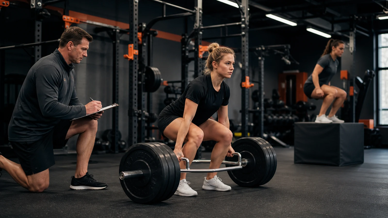 Coach monitors a trap-bar lift while another athlete practices a box jump in the background