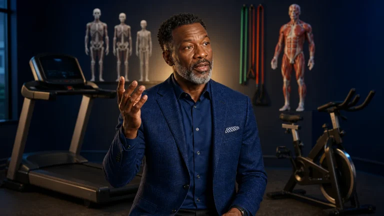 Presenter discusses exercise in a room with anatomical models and training equipment