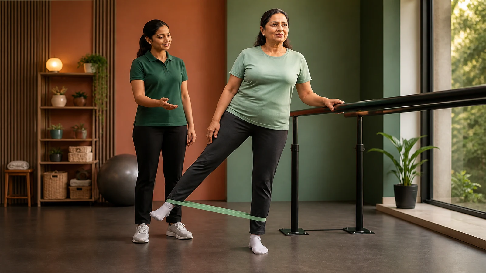 Woman performing a supported standing band exercise beside a clinician in a rehabilitation setting