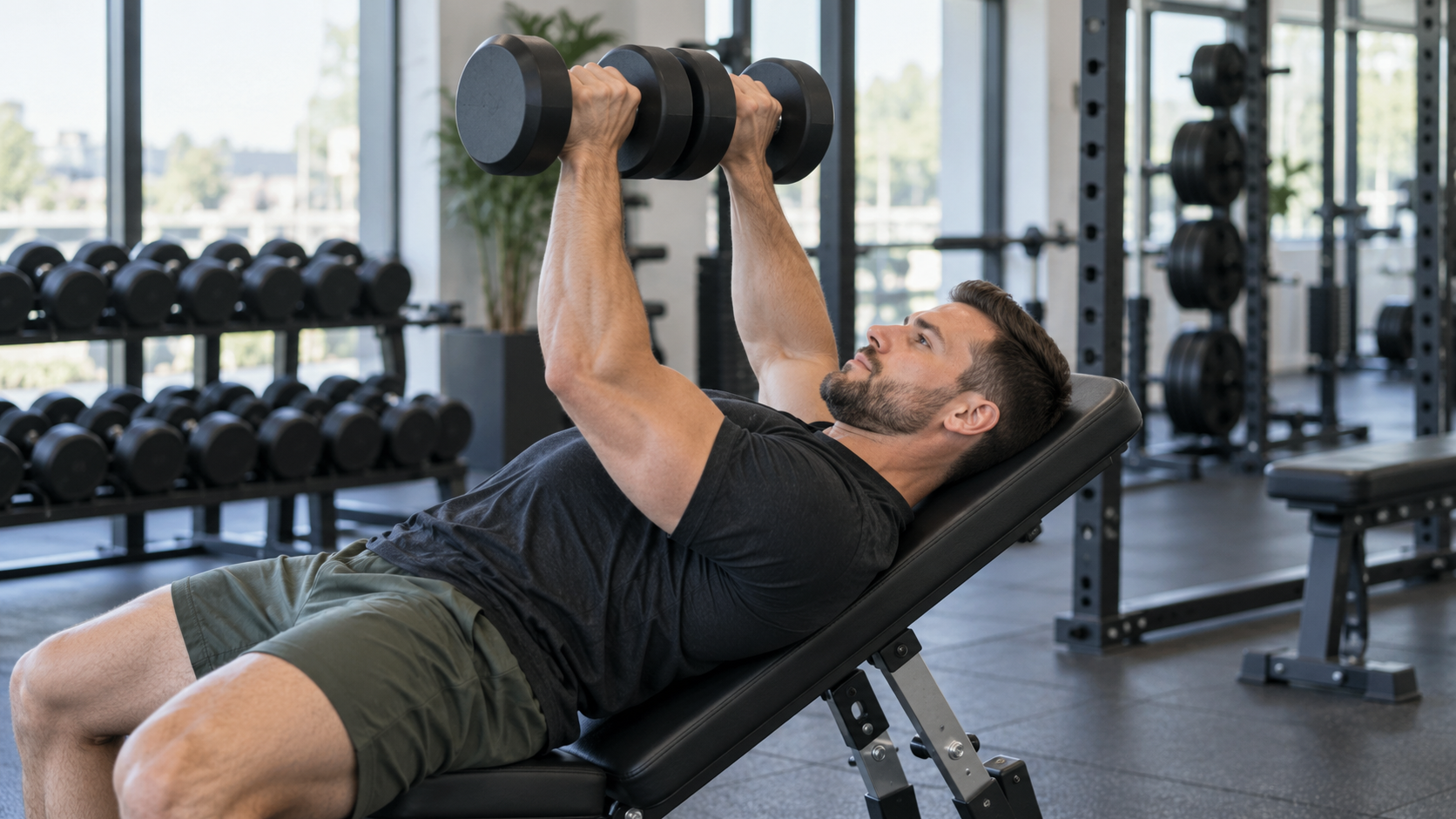 Editorial illustration of a generic athlete performing a close-grip neutral-palm dumbbell press on a modest incline bench; not Petar Klančir.
