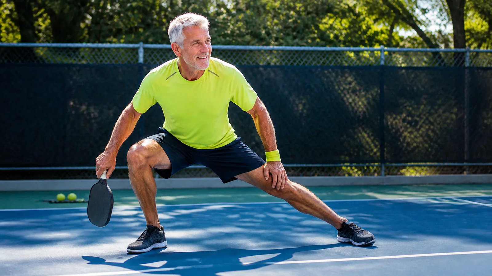 Older pickleball player performs a lateral lunge on an outdoor court
