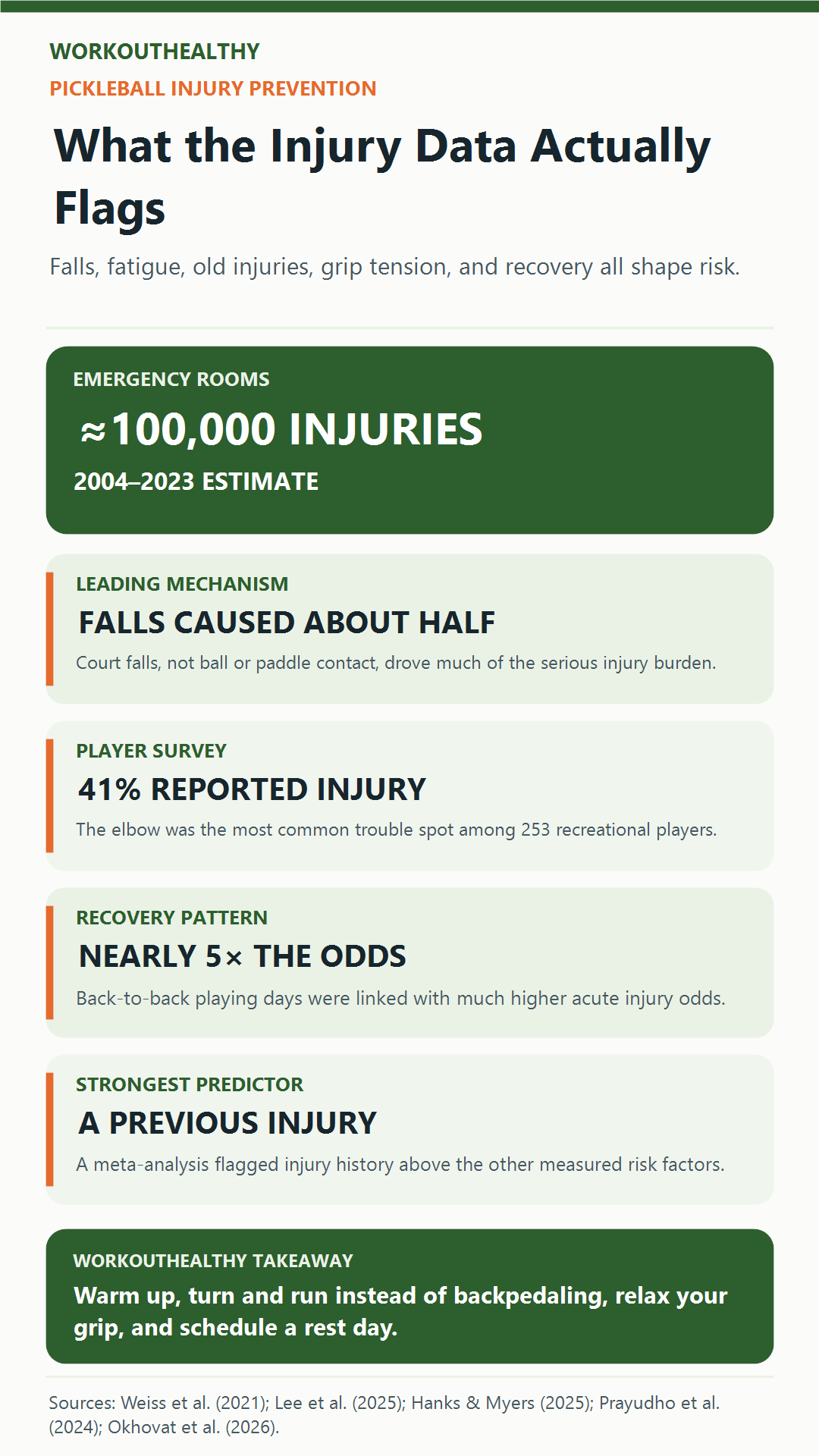 Infographic summarizing pickleball fall injuries, survey findings, recovery patterns, and previous-injury risk