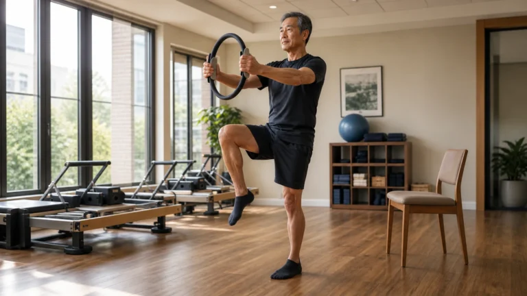 Older adult practicing a supported Pilates balance exercise with a ring and chair