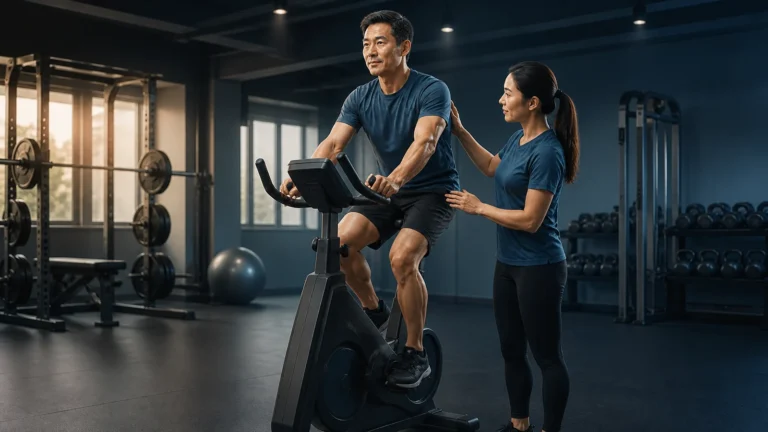 Man riding a stationary bike while an exercise professional supervises in a fitness laboratory