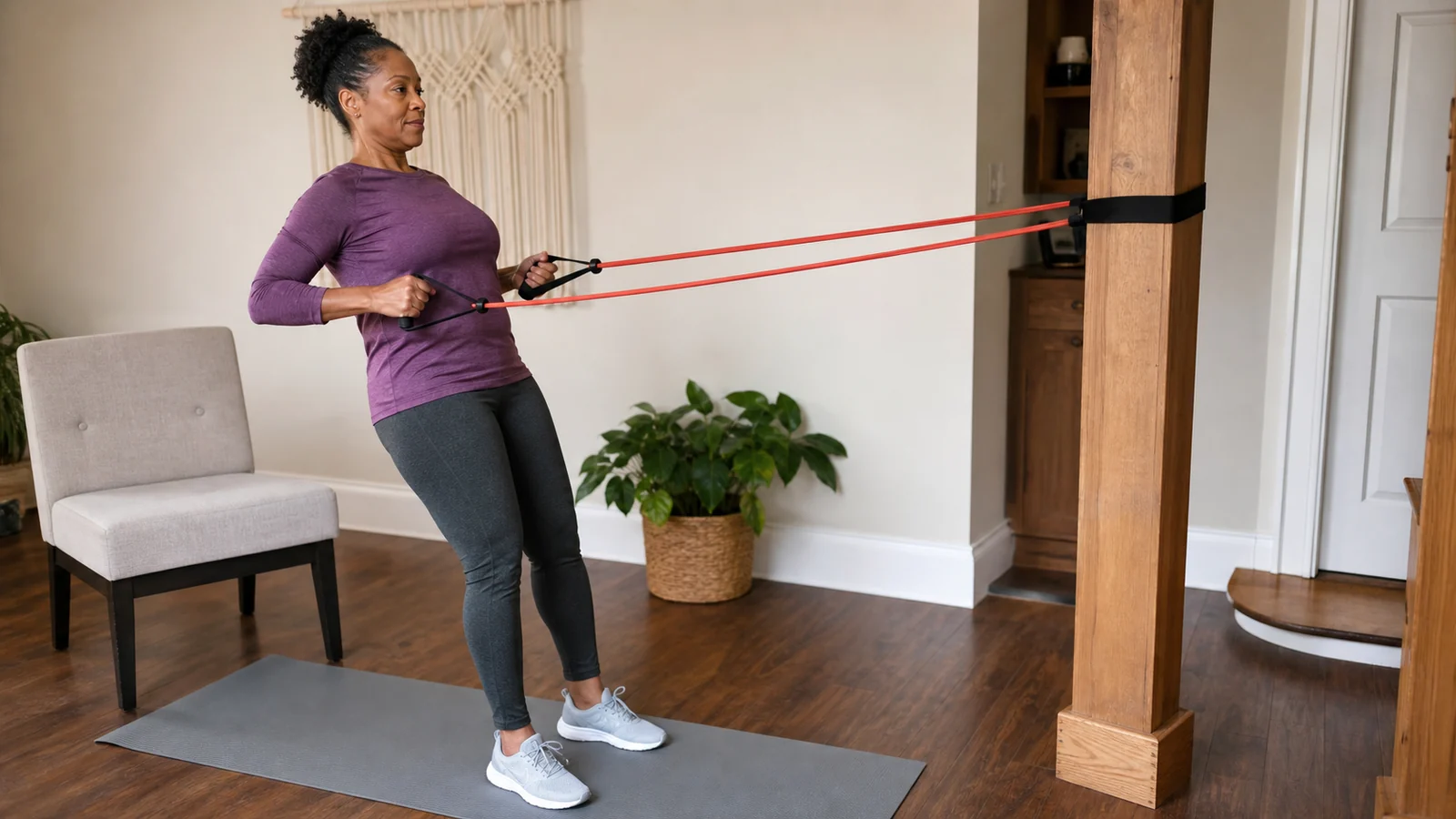 Woman performing a controlled resistance-band row during a home workout