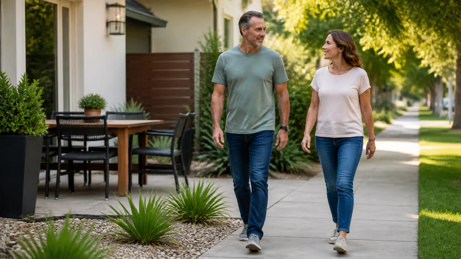 Two adults taking a relaxed walk together on a neighborhood sidewalk.