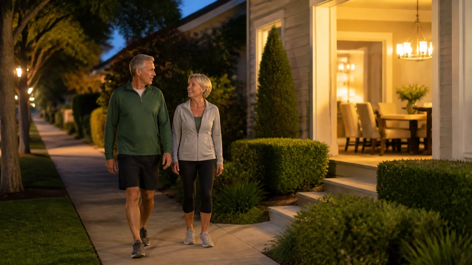 Older couple walks together on a neighborhood sidewalk at dusk