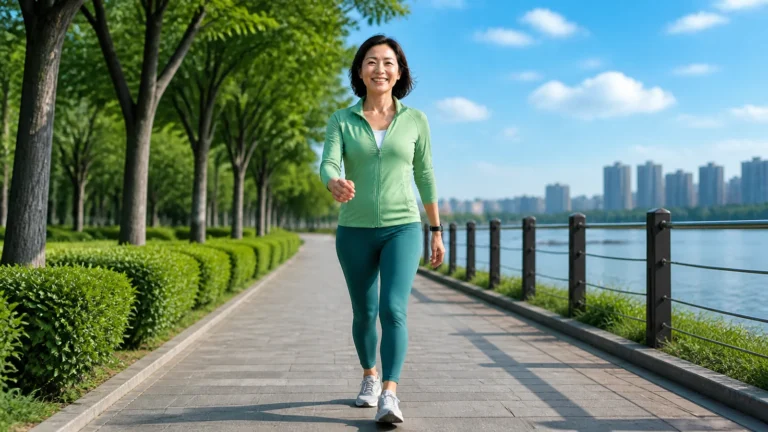 Woman in green activewear walking along a sunny waterfront path.