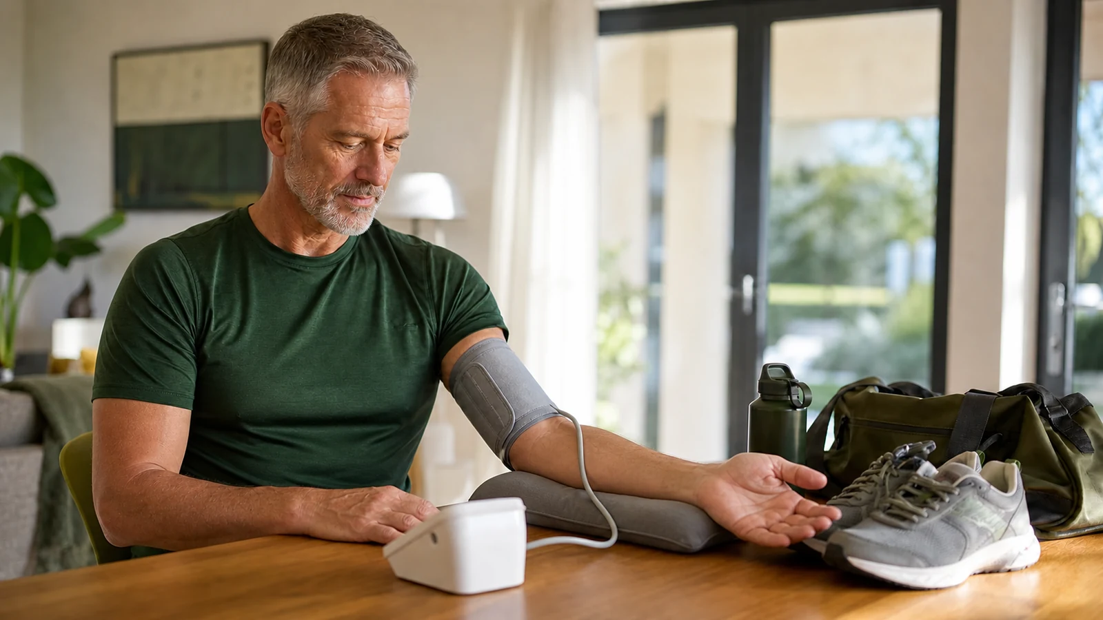 Older man sits with an upper-arm blood-pressure cuff and his relaxed forearm supported on a cushion