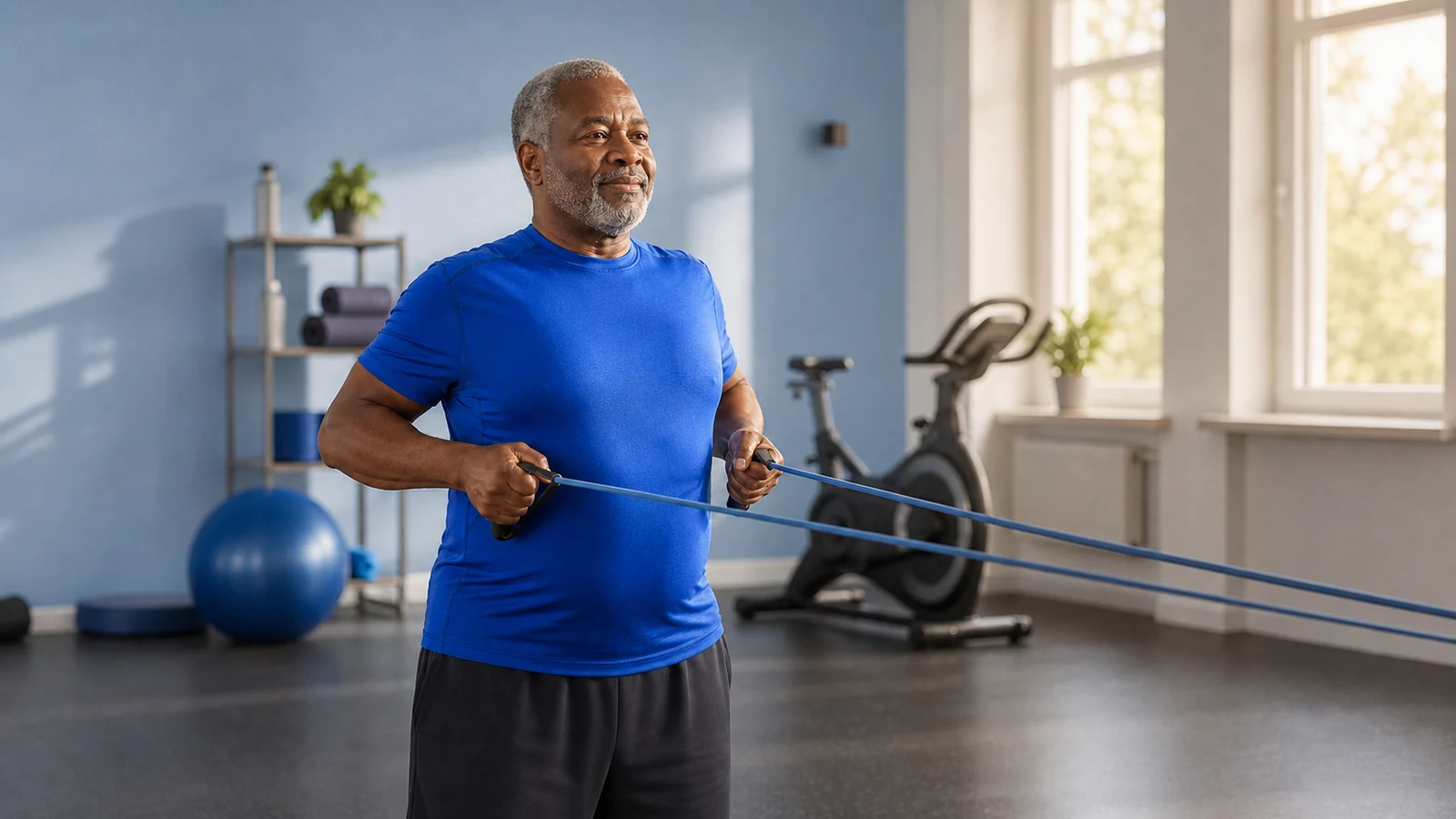 Older man using a resistance band in a bright exercise room.