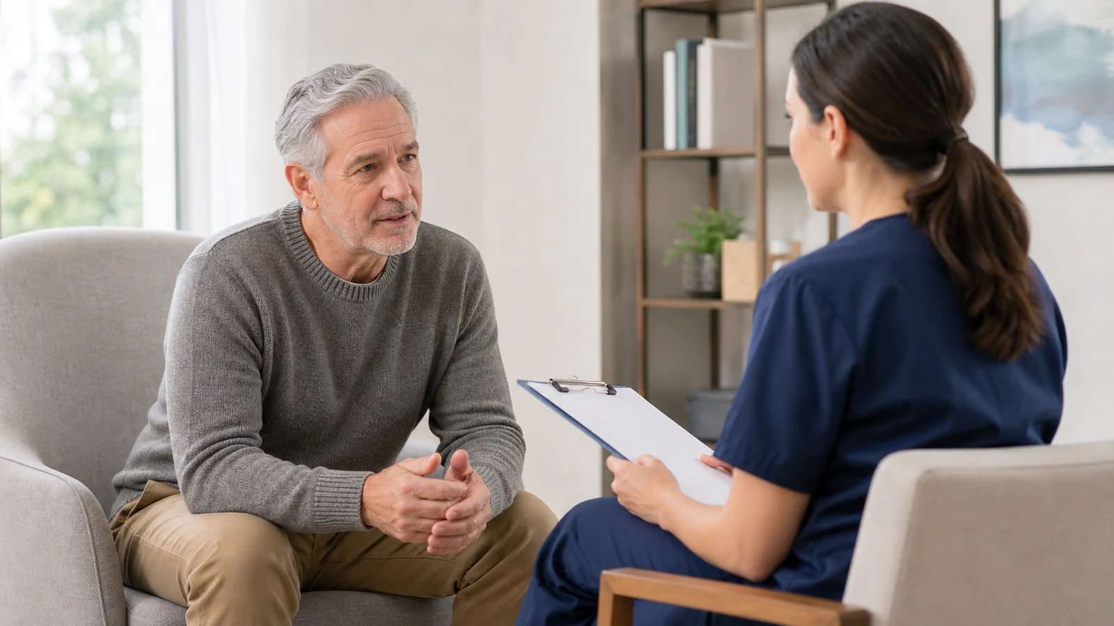 Older man discussing an individualized activity plan with a health professional.