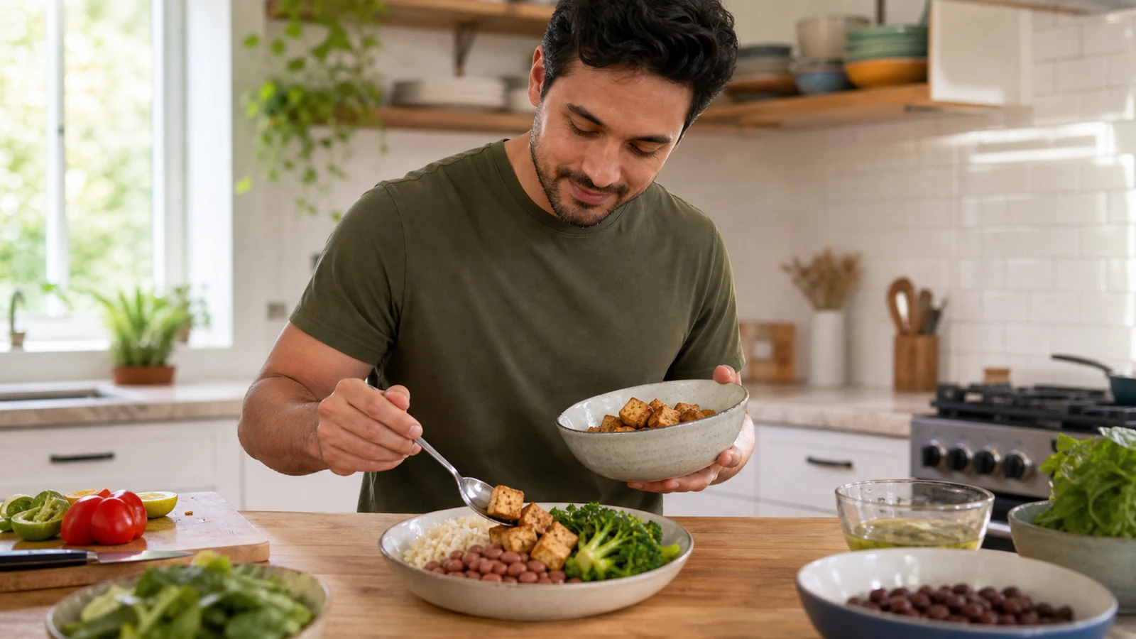 Adult preparing a balanced meal with tofu, beans, vegetables and rice in a home kitchen.