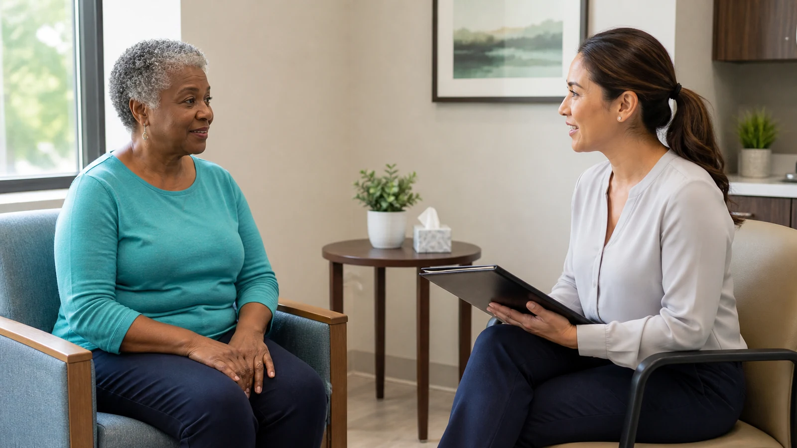Older woman talking with a healthcare professional about a pulmonary rehabilitation referral.