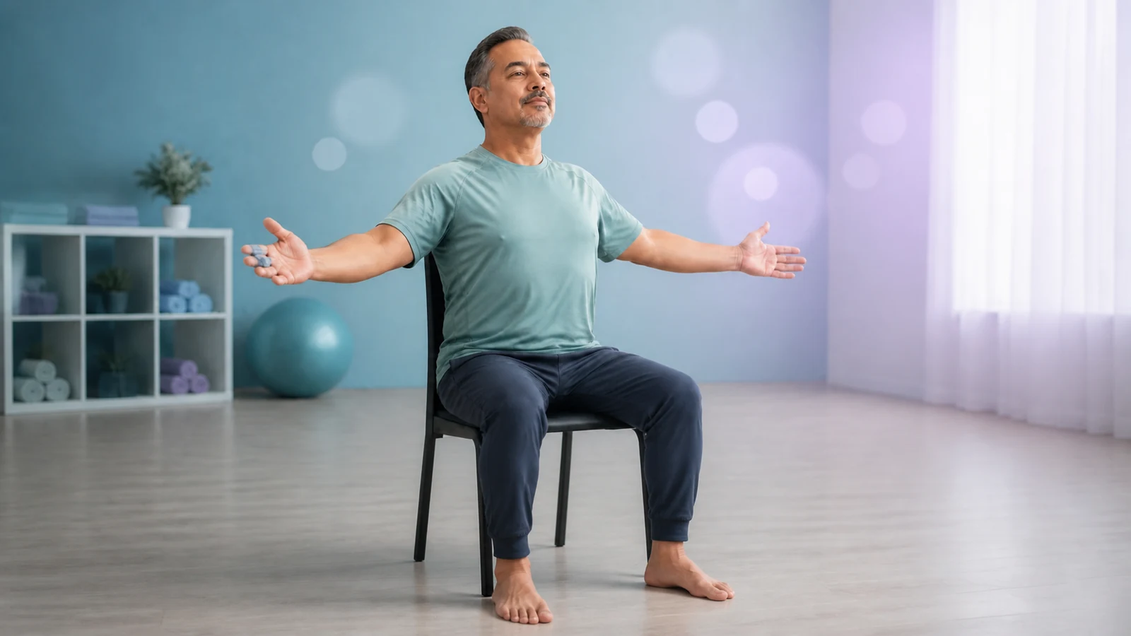 Man seated upright with arms open during gentle movement in a blue exercise room.