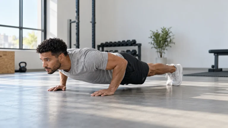 Adult demonstrating a controlled floor push-up in a gym.